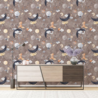 Dark brown animal space wallpaper in modern living room with sideboard.