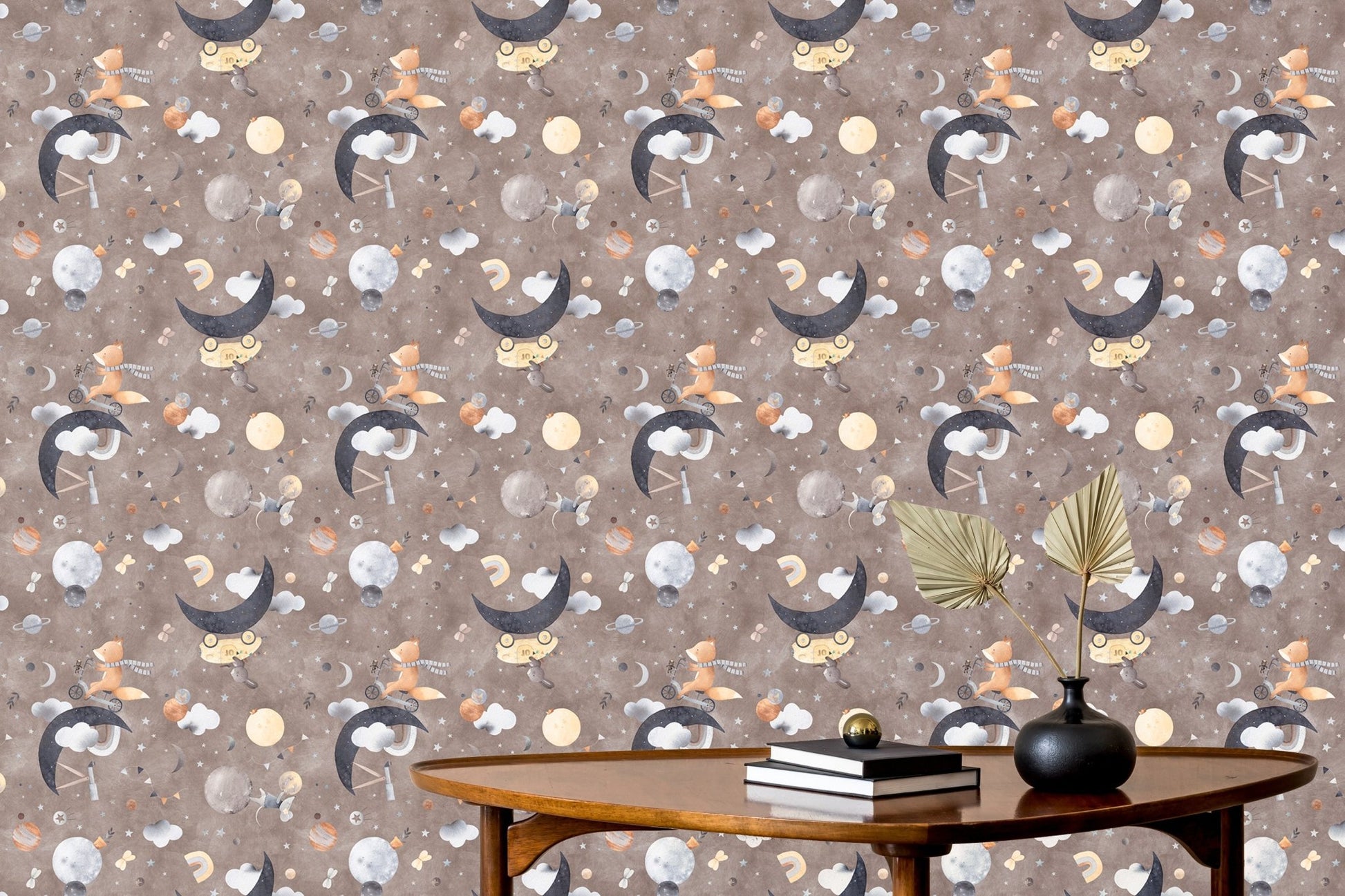 Fox Mouse in Space Dark Brown wallpaper behind mid-century coffee table.