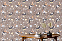 Fox Mouse in Space Dark Brown wallpaper behind mid-century coffee table.