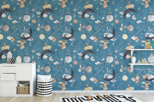 Fox mouse space animals in clouds blue color wallpaper in a kids play room.