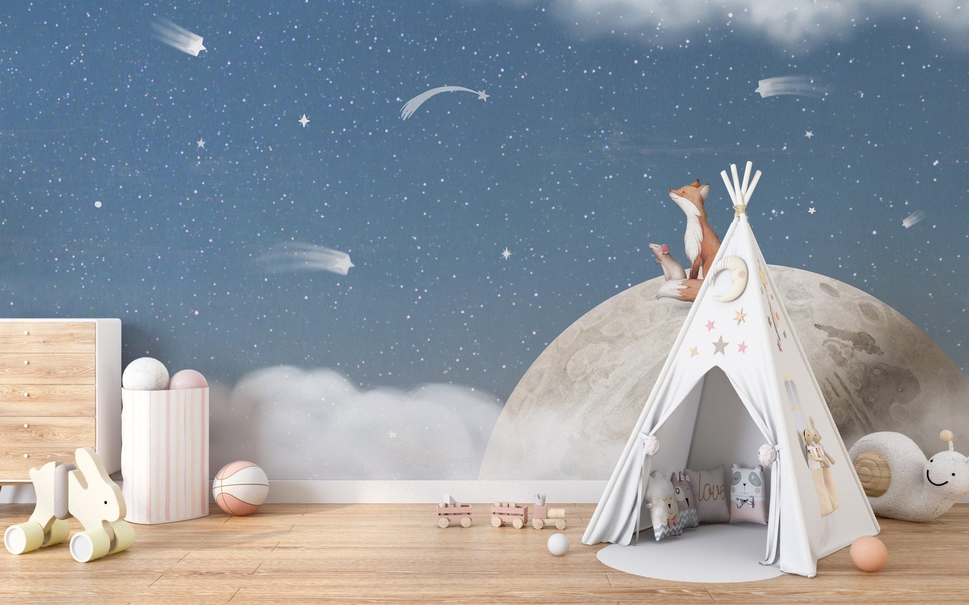 Cosmic night sky backdrop for a soothing nursery blue wall mural.