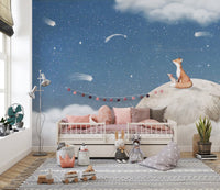 Soft blue celestial scene with fluffy white clouds wall mural.