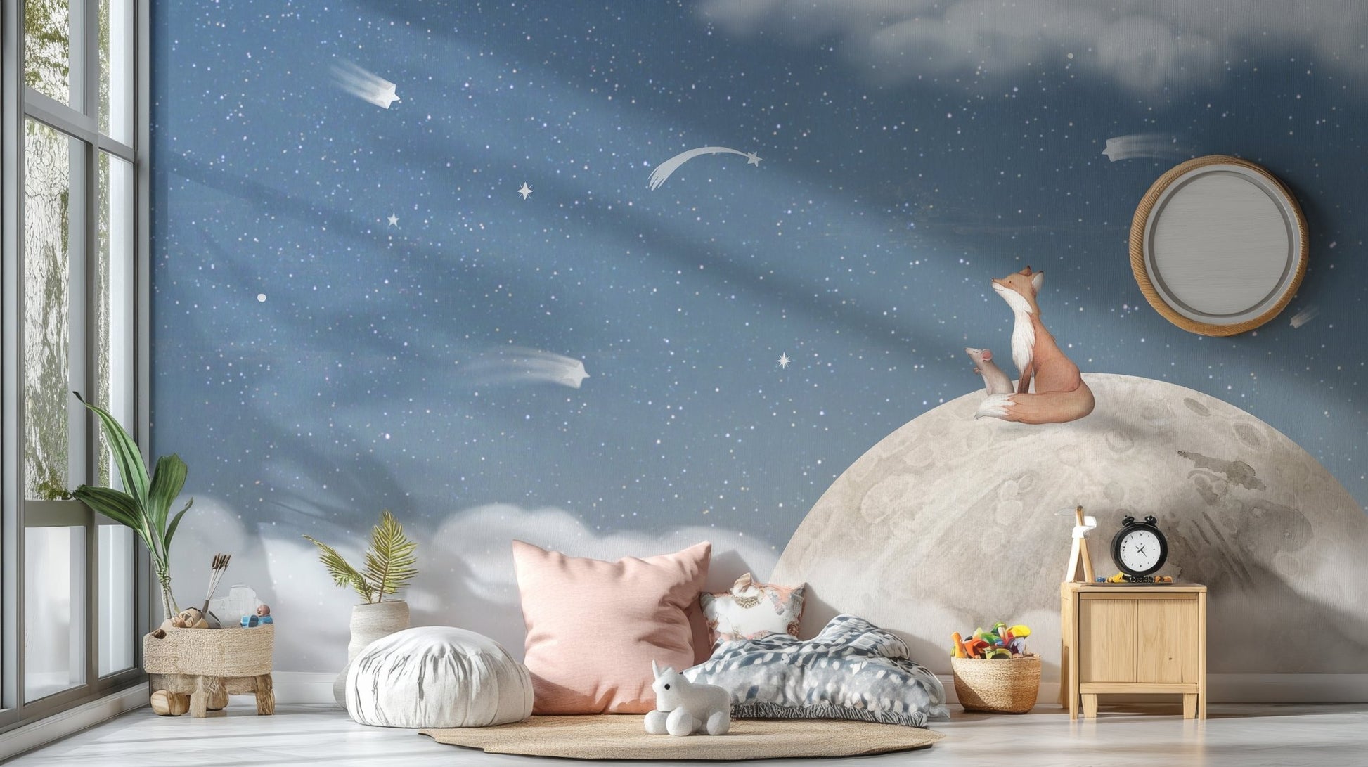 Artistic night sky with fox and mouse silhouettes wallpaper.