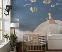 Hand painted style fox and mouse on lunar surface wall mural.