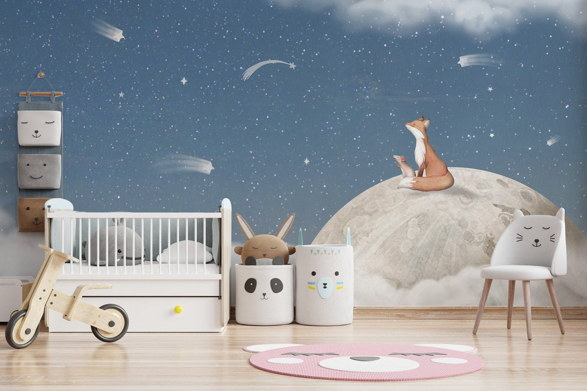 Fox on the moon blue mural with starry night sky wallpaper.