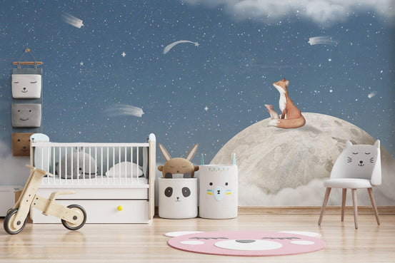 Fox on the moon blue mural with starry night sky wallpaper.
