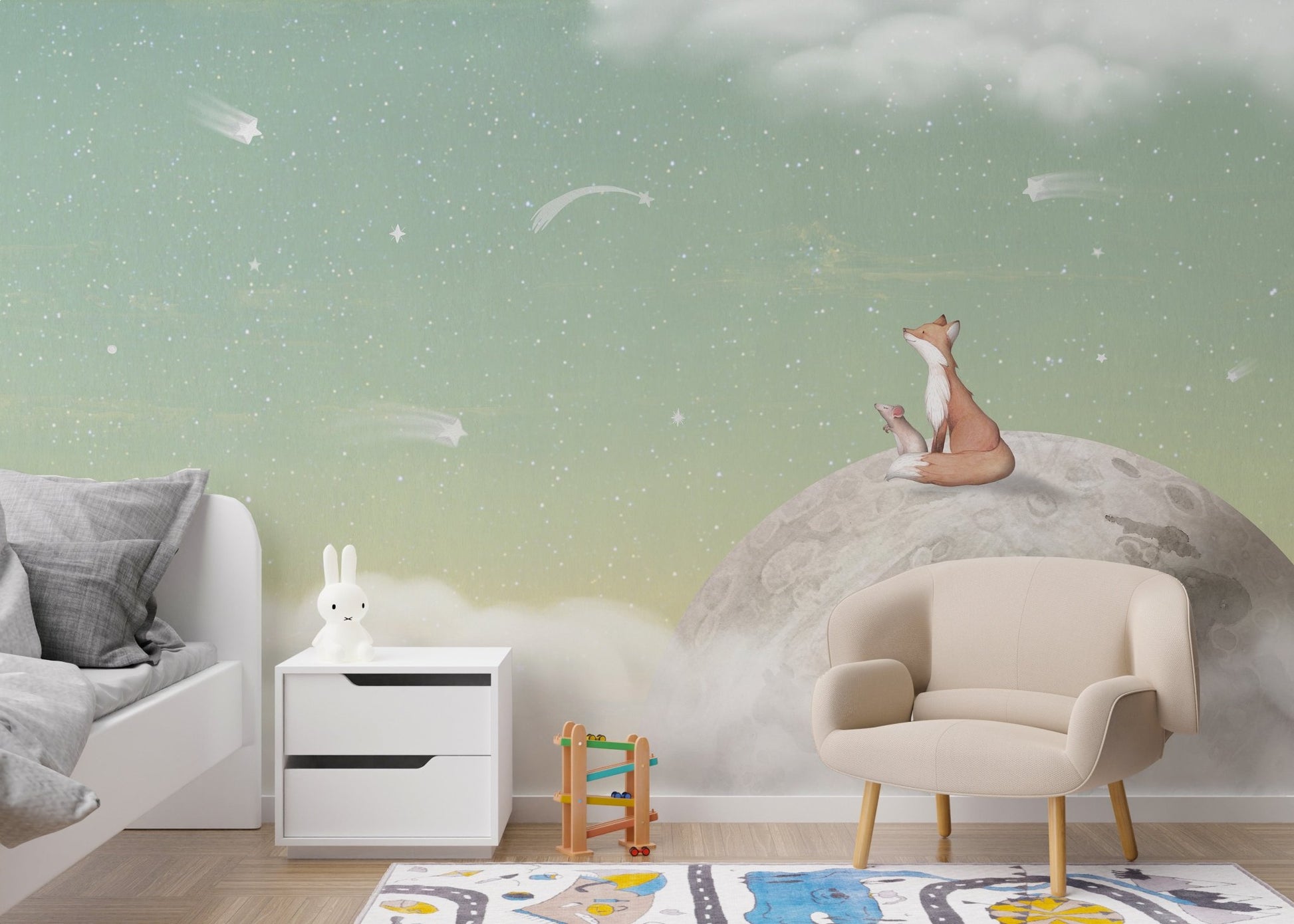 Fox on the moon green mural with soft clouds.