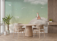 Watercolor fox and mouse under a starry sky mural.