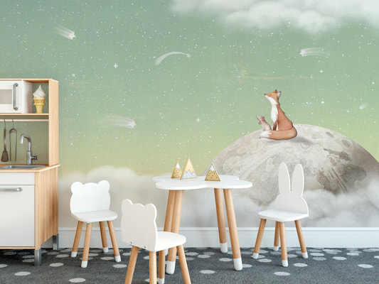 Fox and mouse sitting on a moon surface wallpaper.