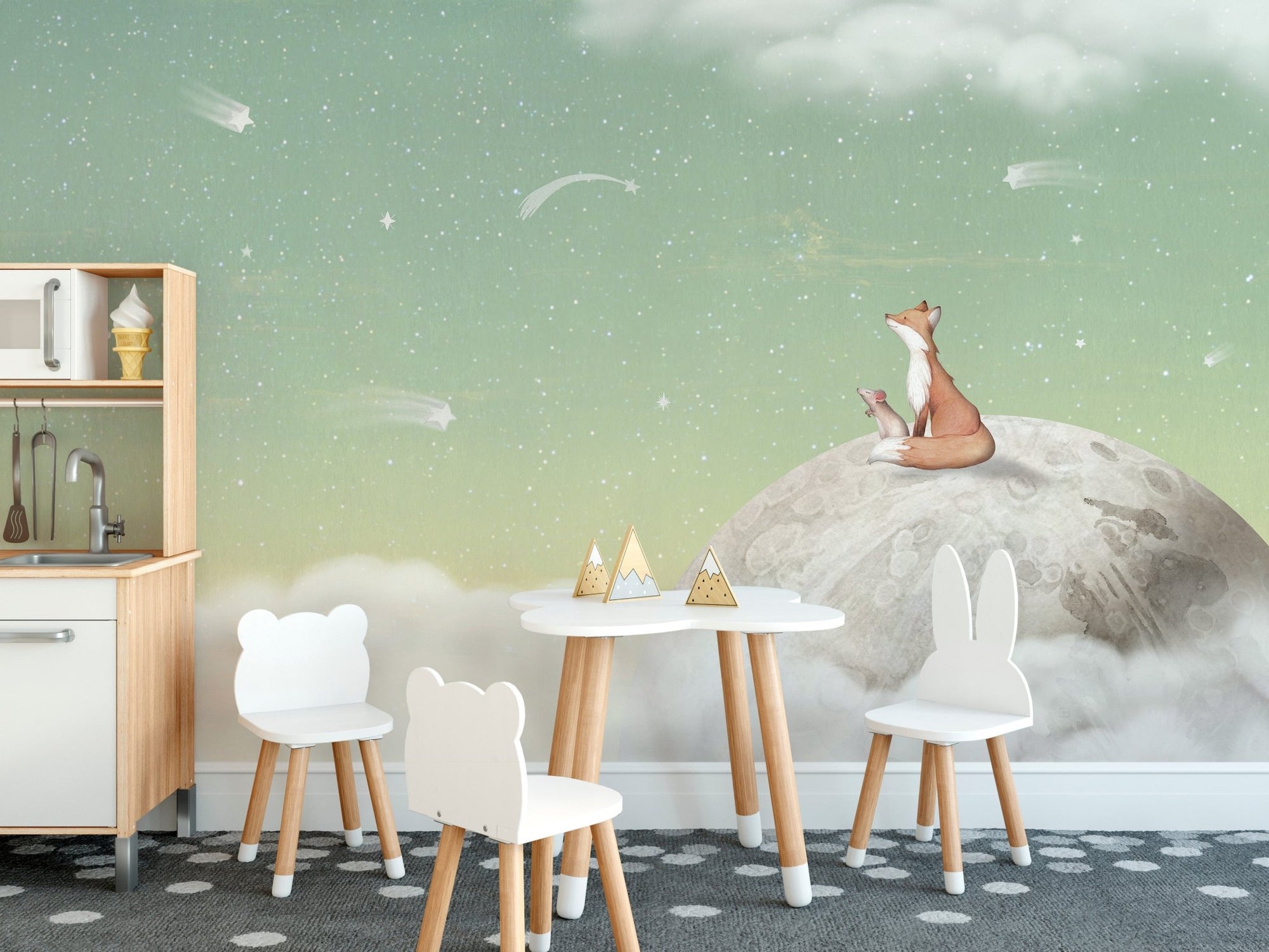 Fox and mouse sitting on a moon surface wallpaper.