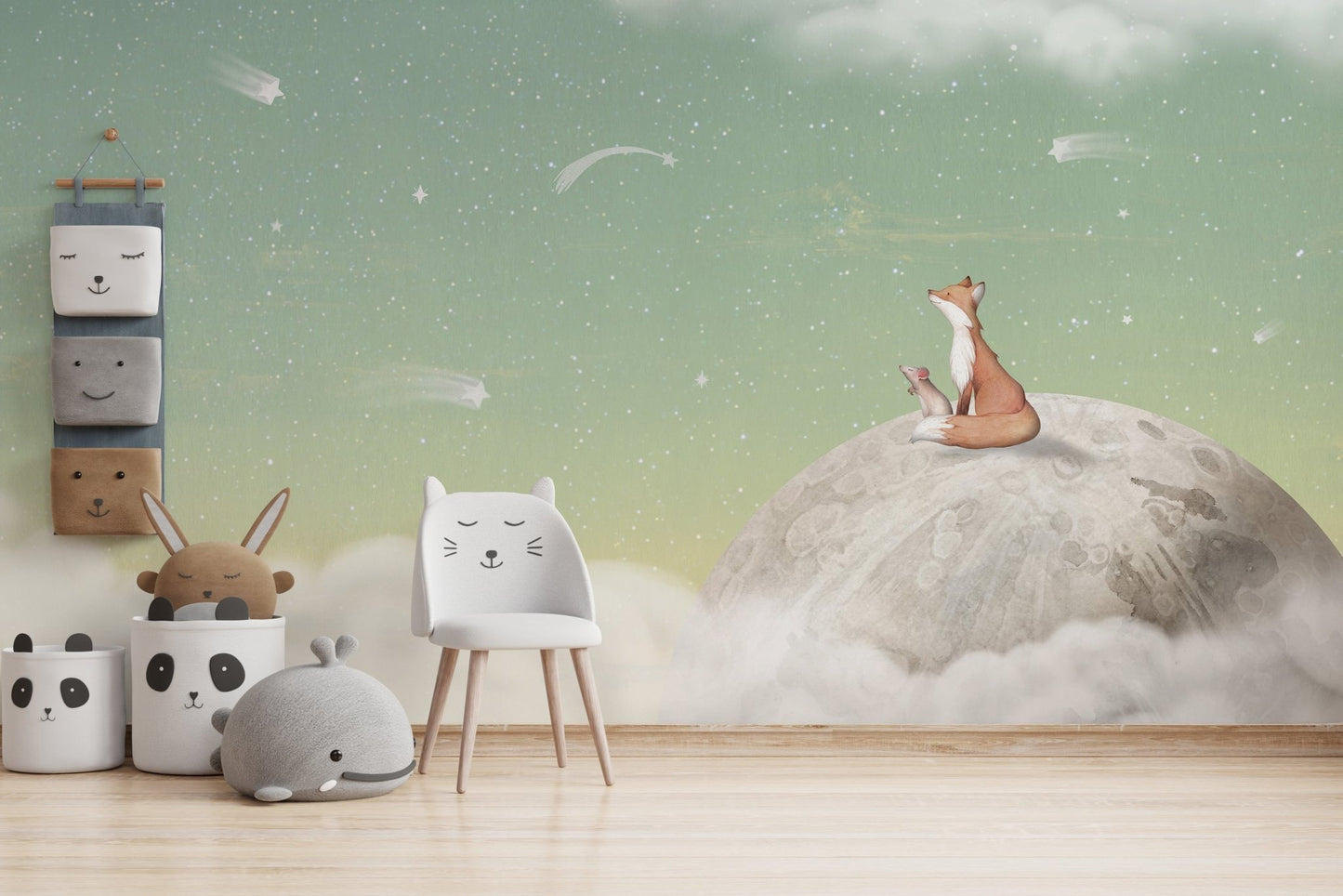 Sage green night sky with stars nursery wallpaper.