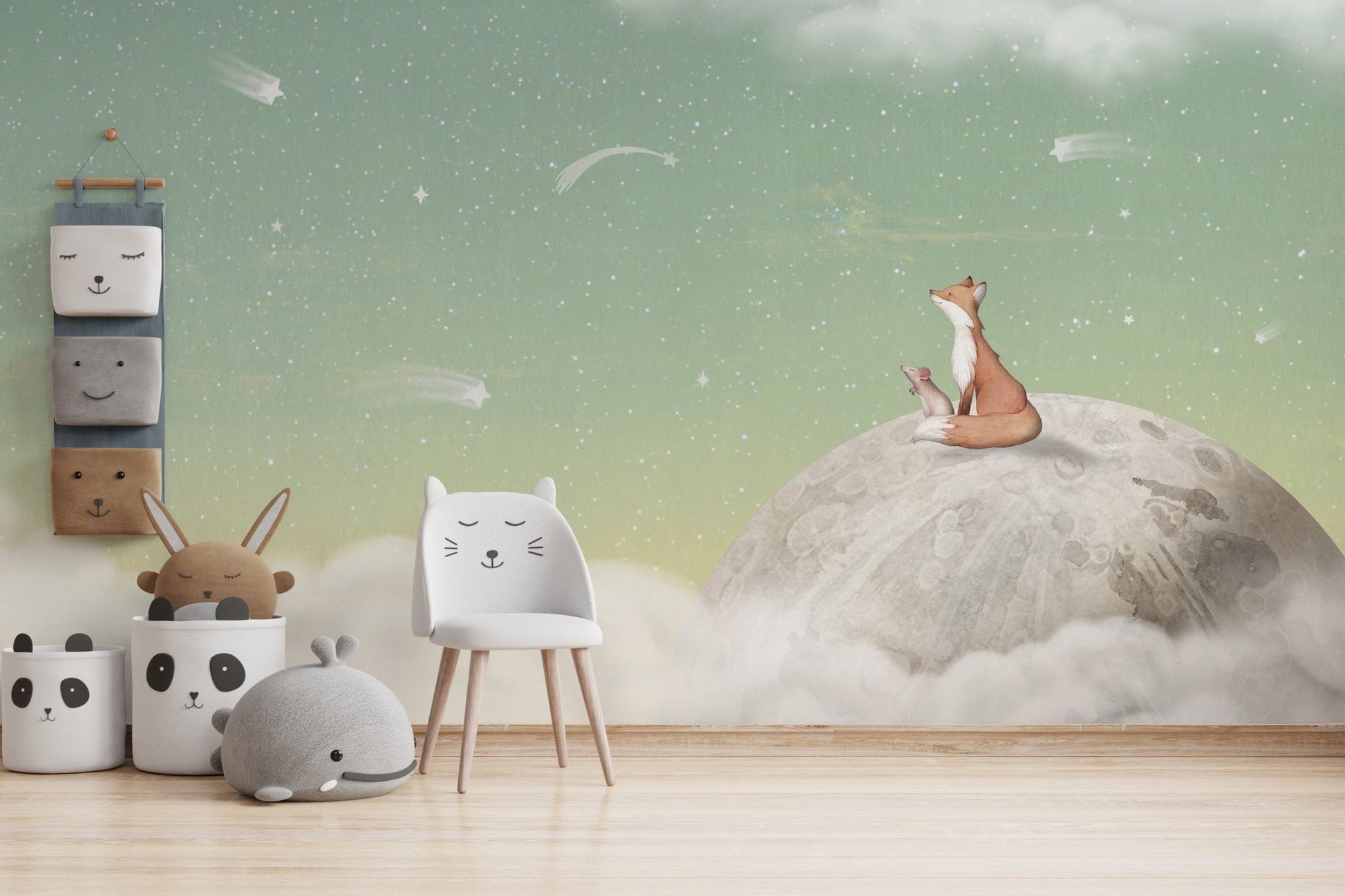 Sage green night sky with stars nursery wallpaper.