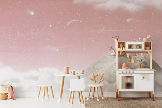 Starry night sky wall mural featuring a seated fox and mouse in pink tones.