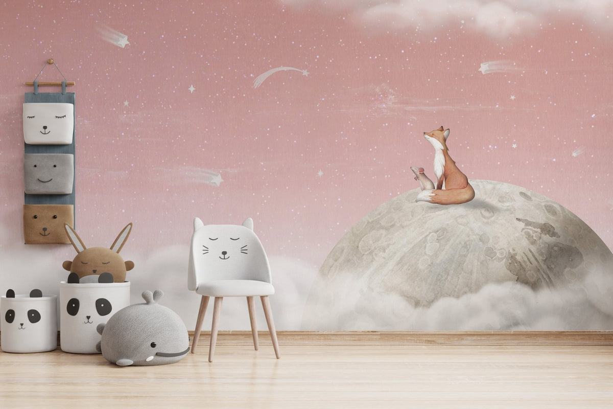 Fox on the moon pink mural with whimsical forest animals for nursery wallpaper.