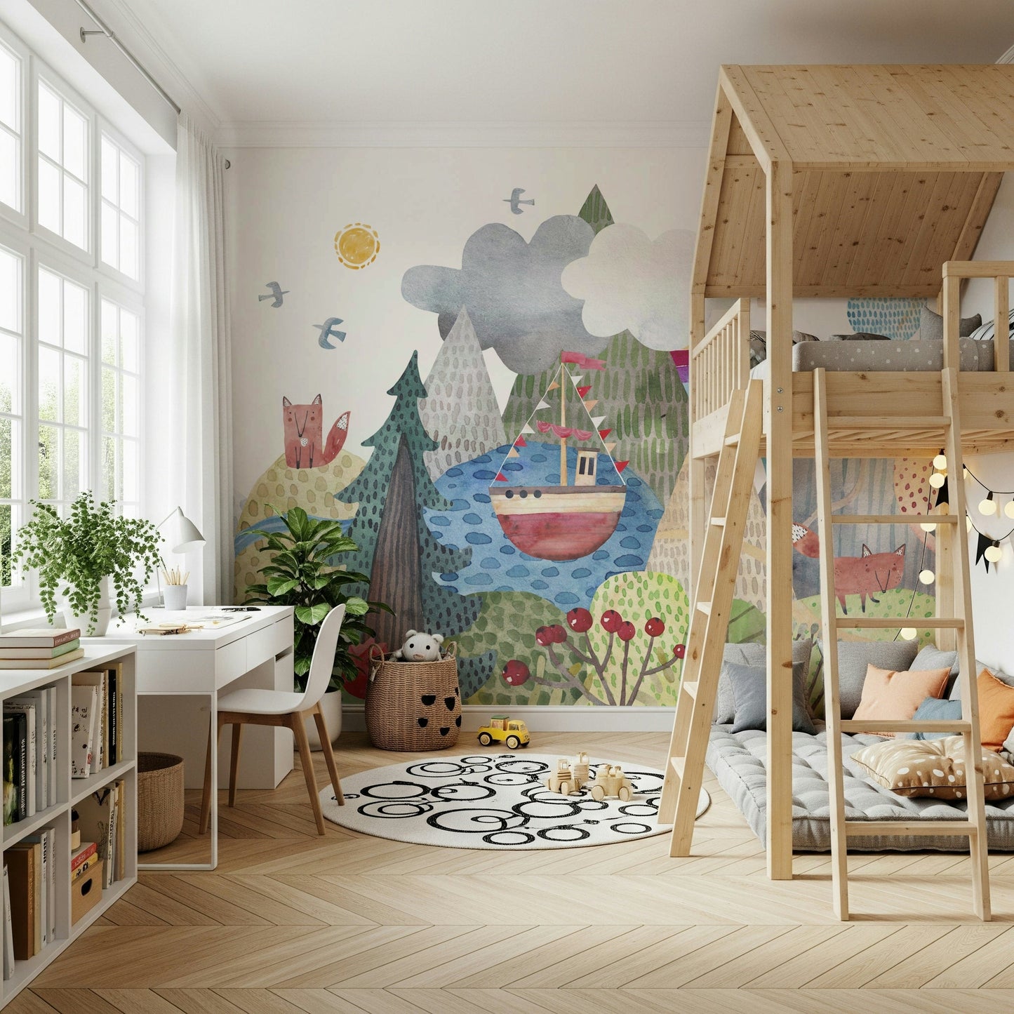 Nature-inspired wall art for a toddler’s play area