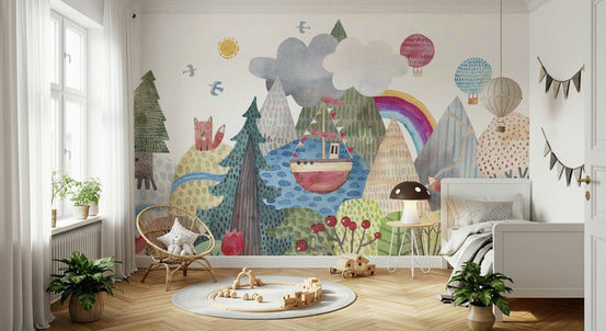 Whimsical foxes and fairytales wall mural with orange forest animals.