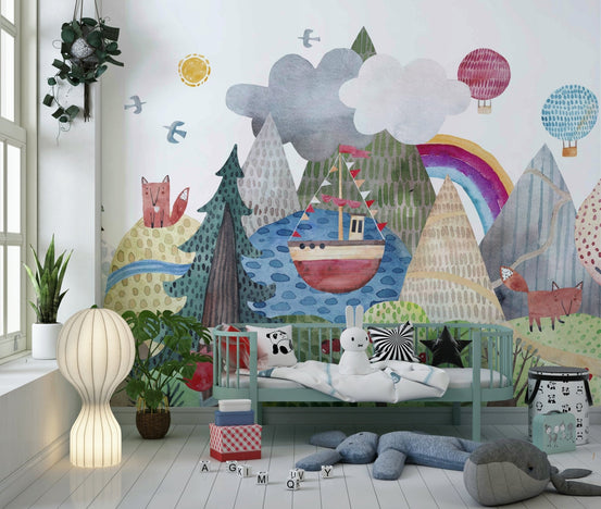 Minimalist animal print wall mural for a kids play area.