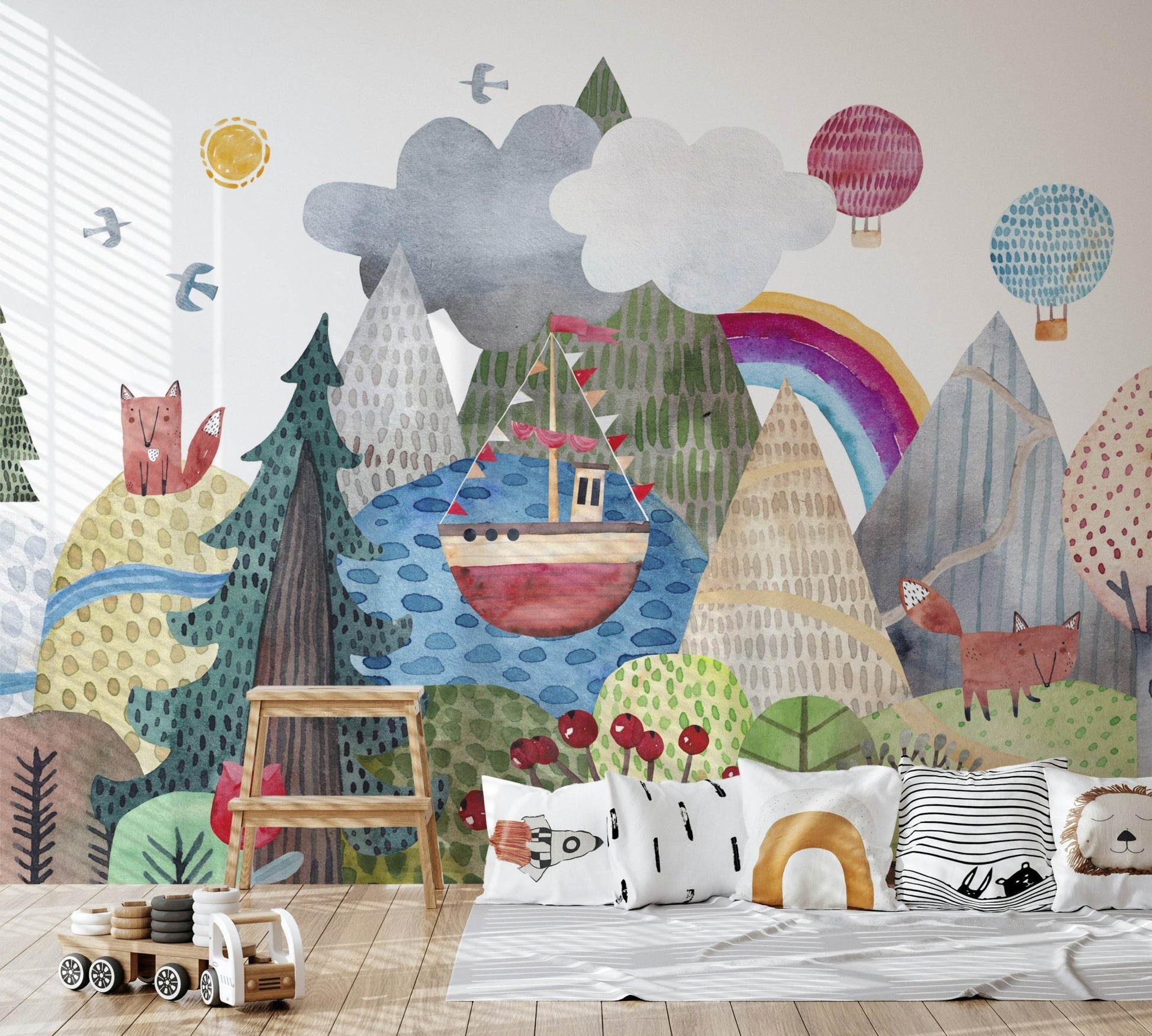 Whimsical woodland wallpaper for a neutral playroom