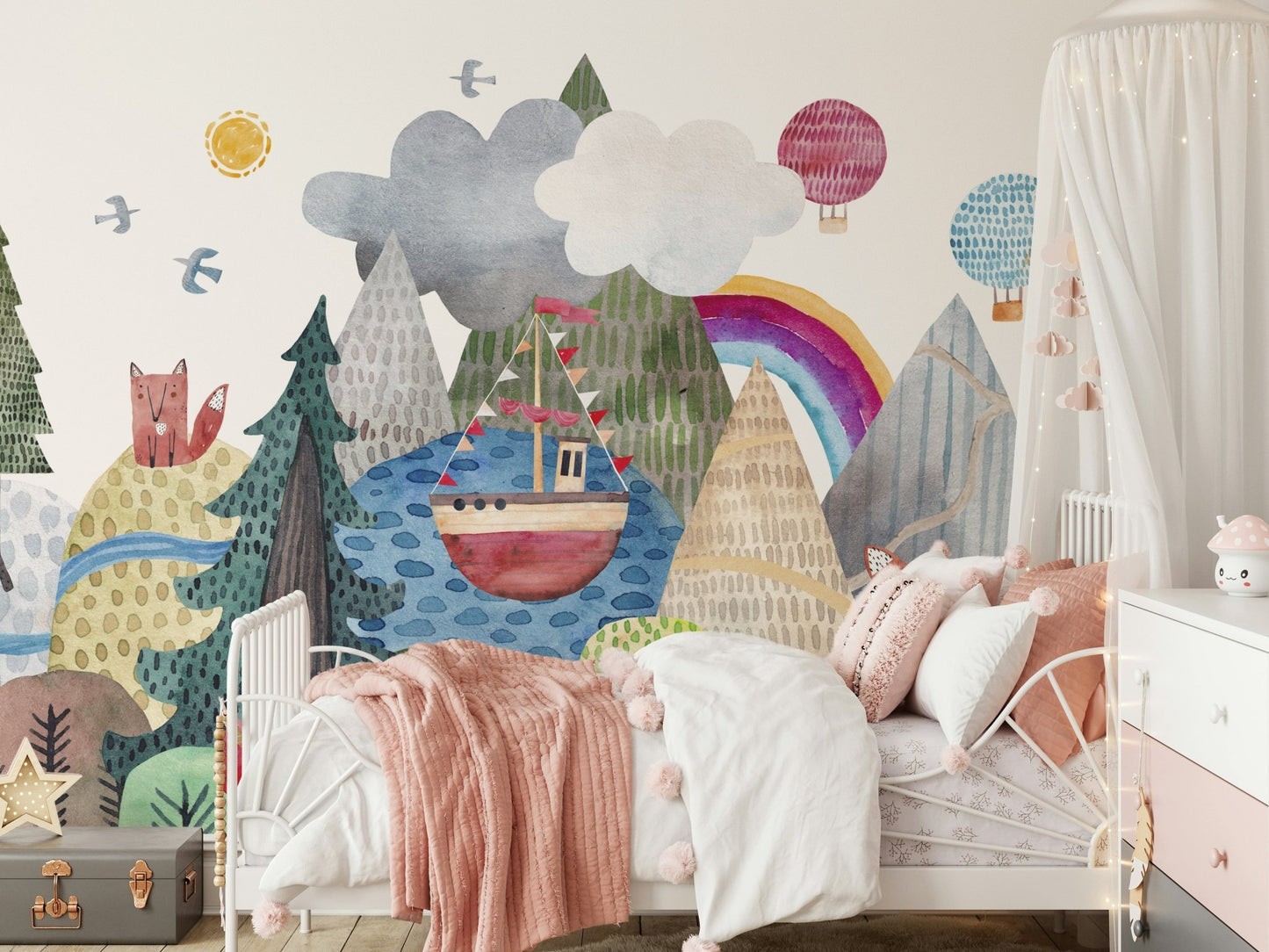 Pastel forest mural with orange foxes in a bedroom
