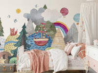 Pastel forest mural with orange foxes in a bedroom