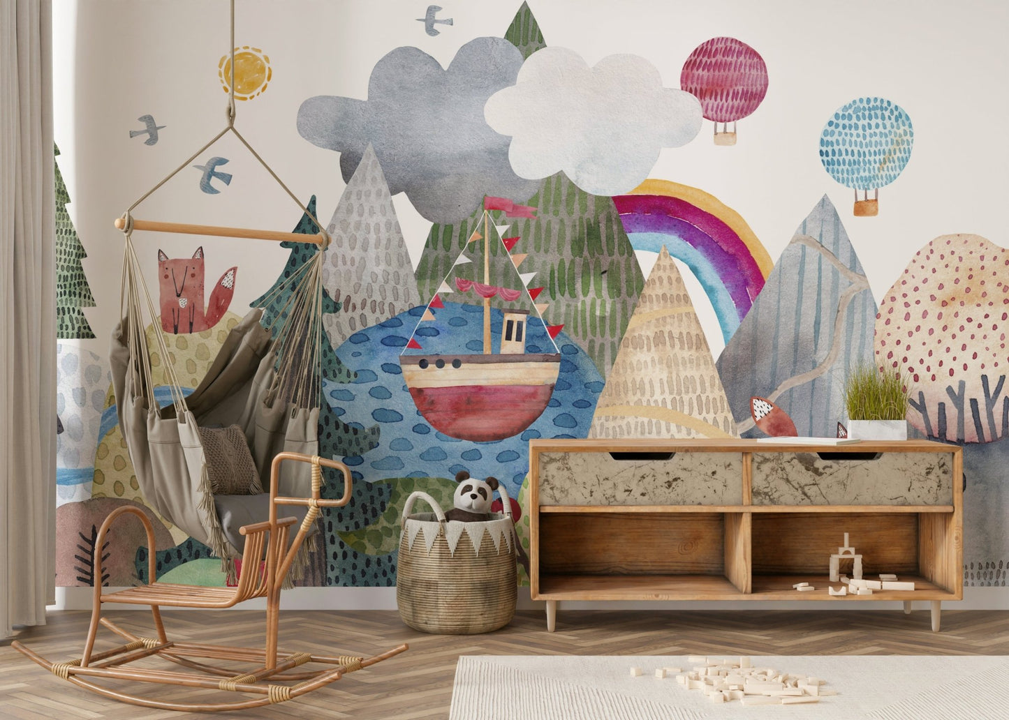 Minimalist fox wall mural in a modern scandi room