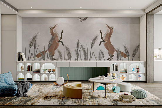 Playful foxes hunting birds mural for kids play area.
