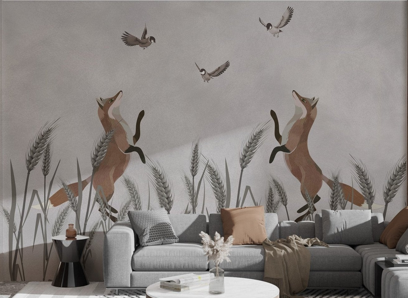 Living room wall mural of foxes running after birds