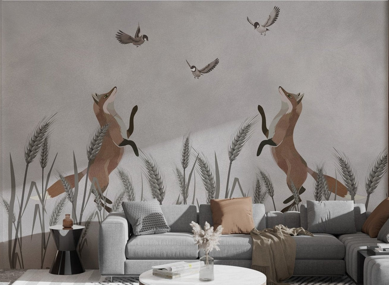 Kids wall mural of foxes running after birds