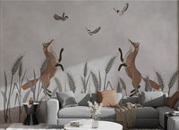 Kids wall mural of foxes running after birds