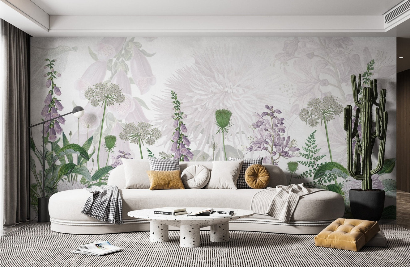 Elegant floral mural featuring foxglove arrangements for living room wall.
