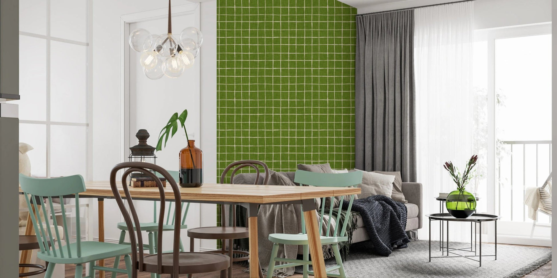 Simple green line grid on textured wallpaper murals.