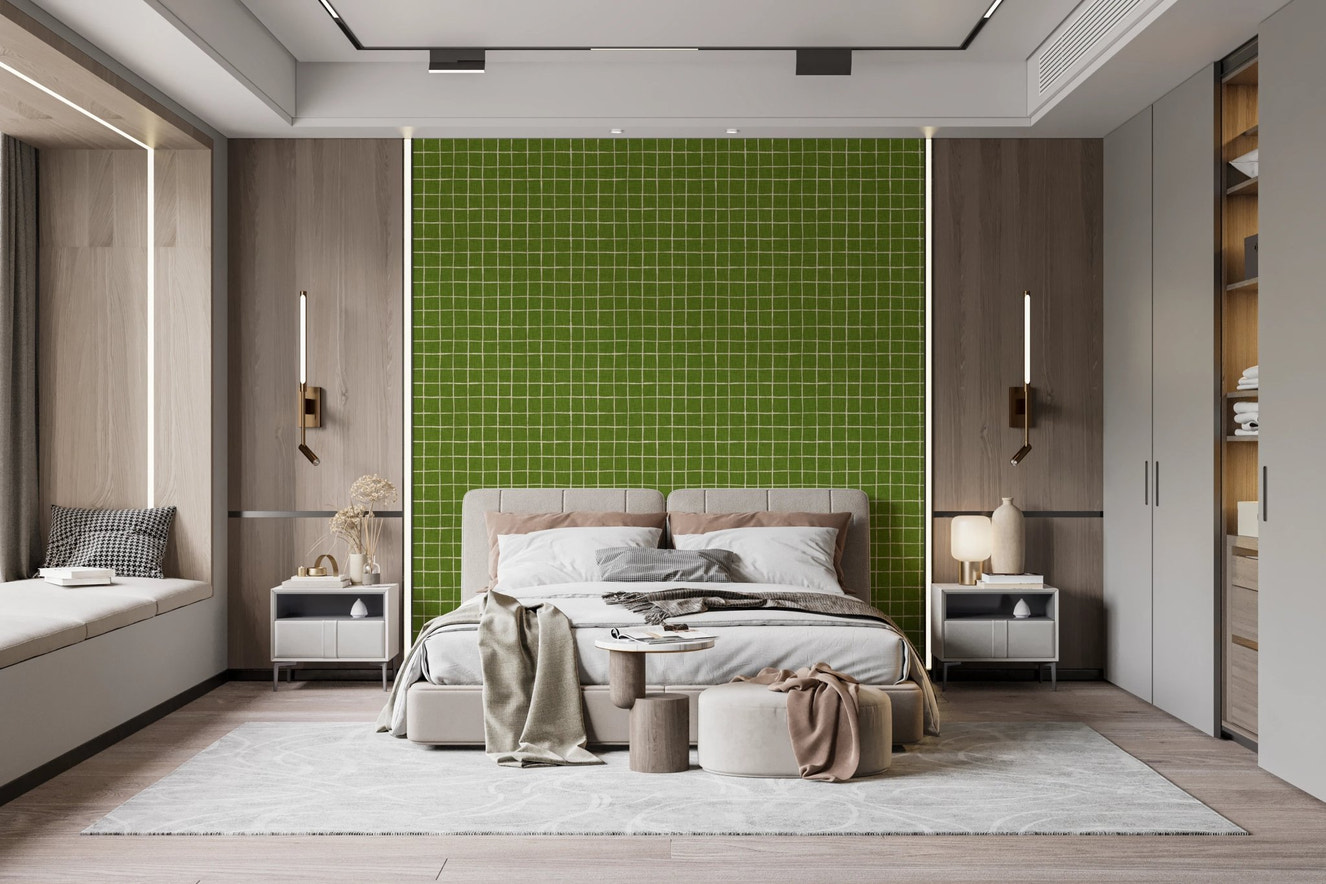 Minimalist hand-drawn grid pattern for green wall murals.