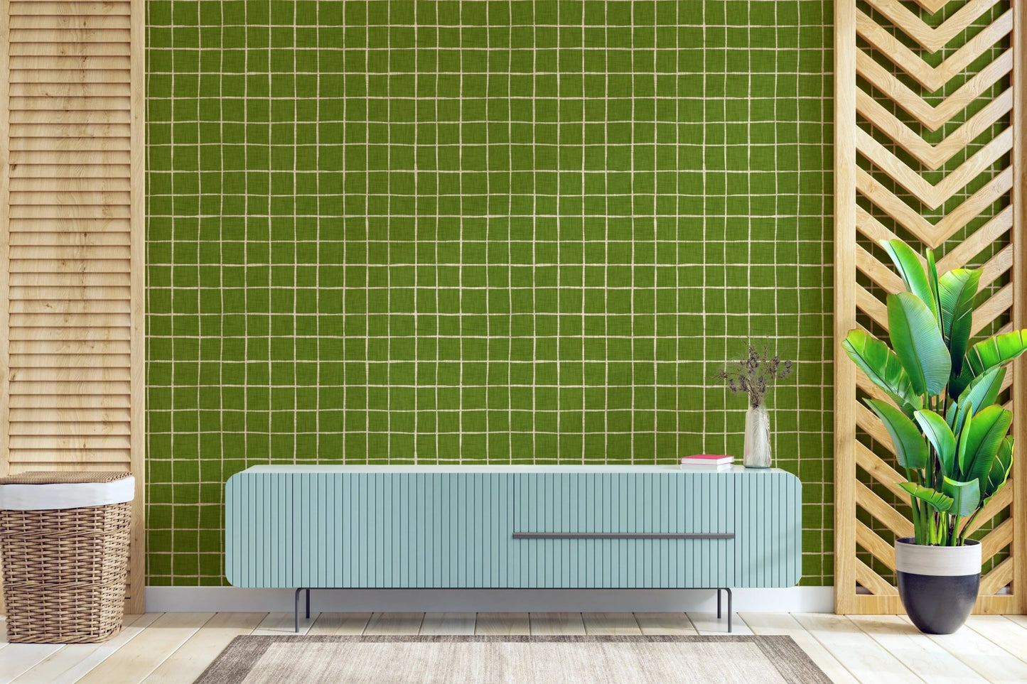 Organic green linen texture grid print wallpaper murals.
