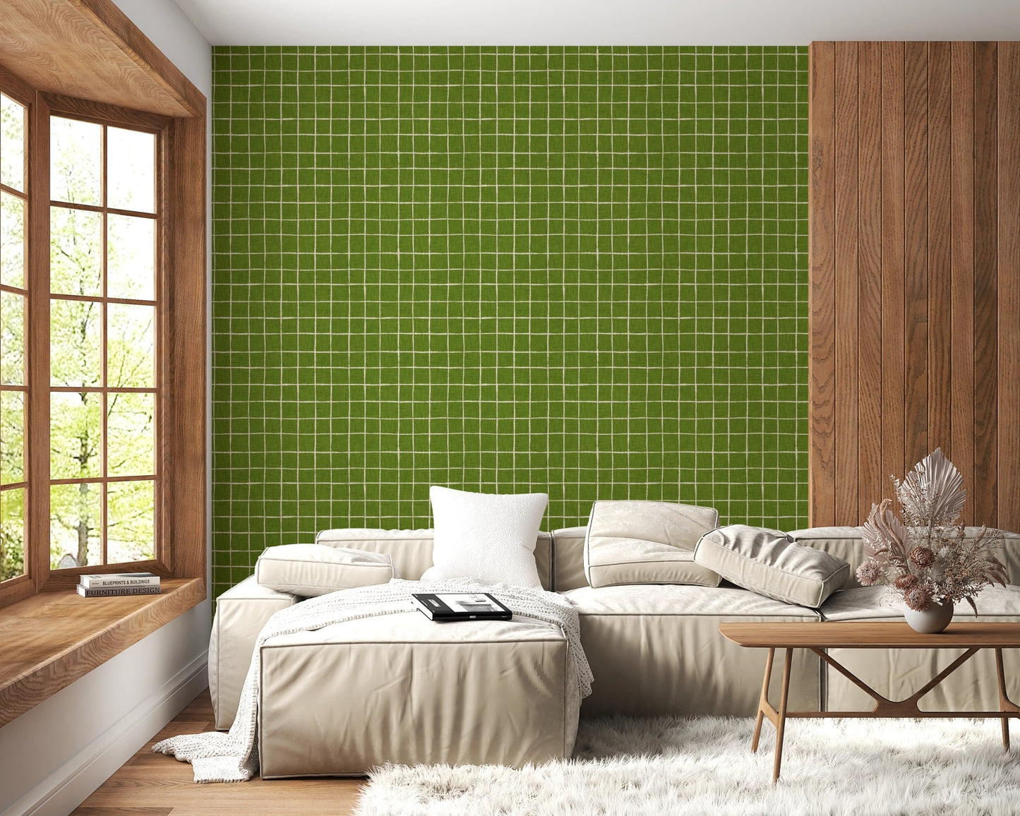 Textured sage green check illustration for wall murals.