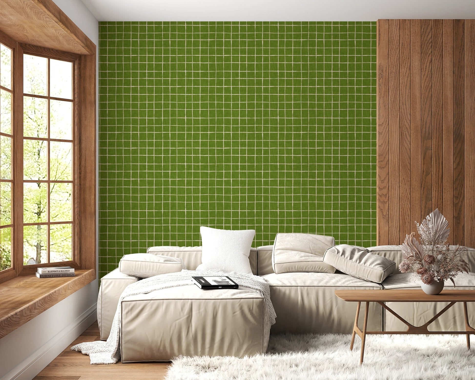 Textured sage green check illustration for wall murals.