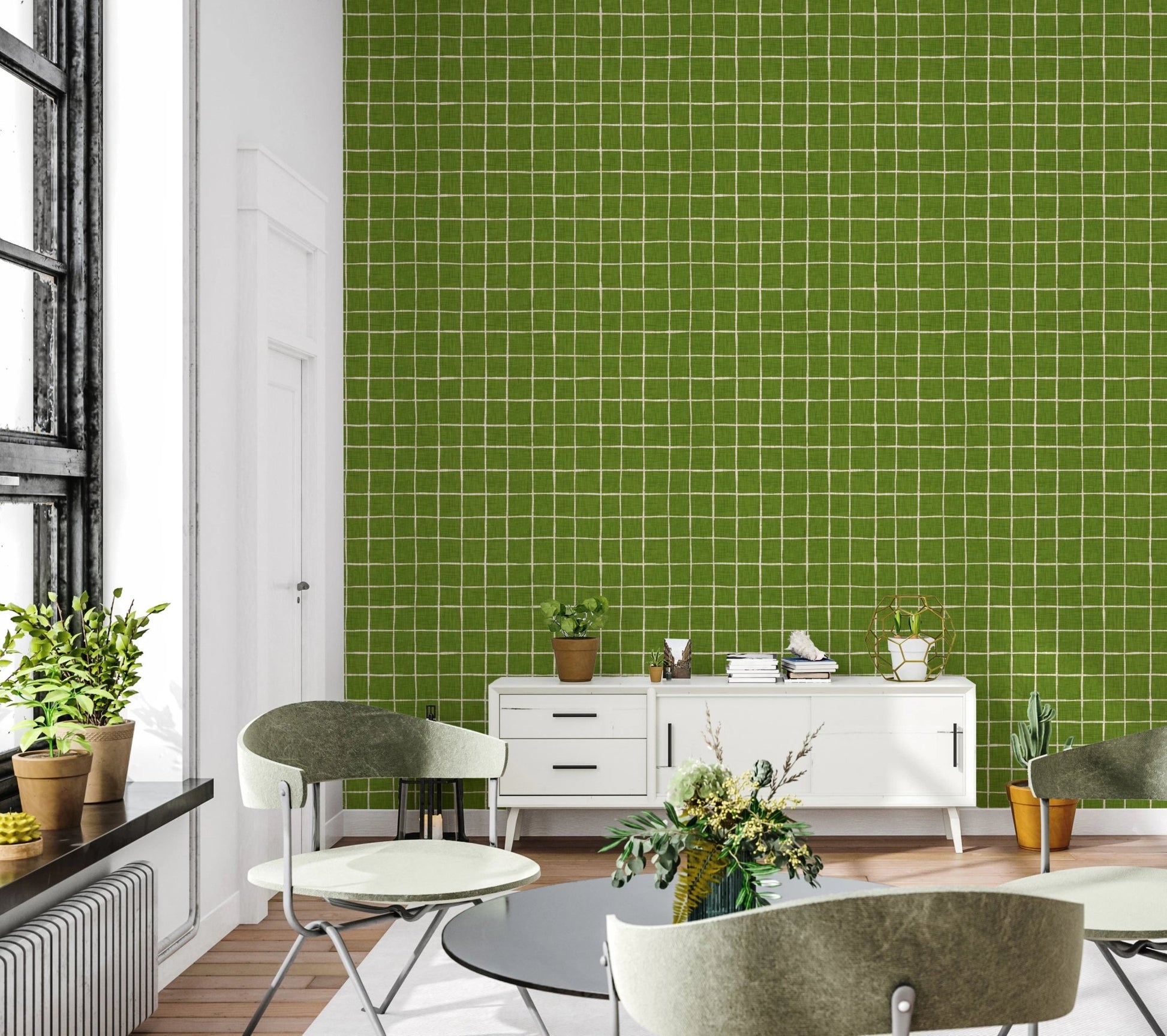 Rustic hand-painted green windowpane wallpaper murals.