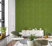 Rustic hand-painted green windowpane wallpaper murals.