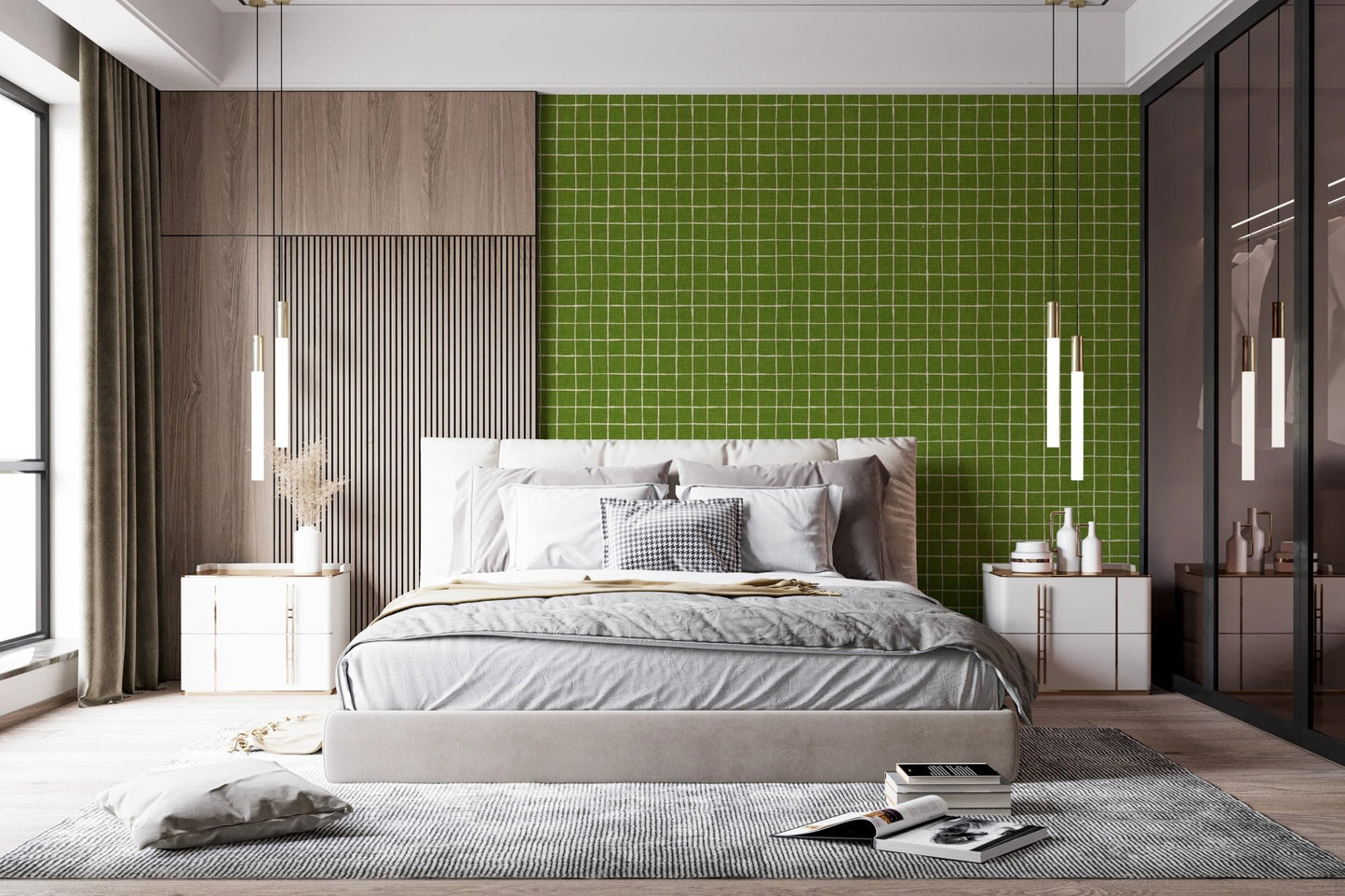 Artistic olive green checked fabric look wall murals.
