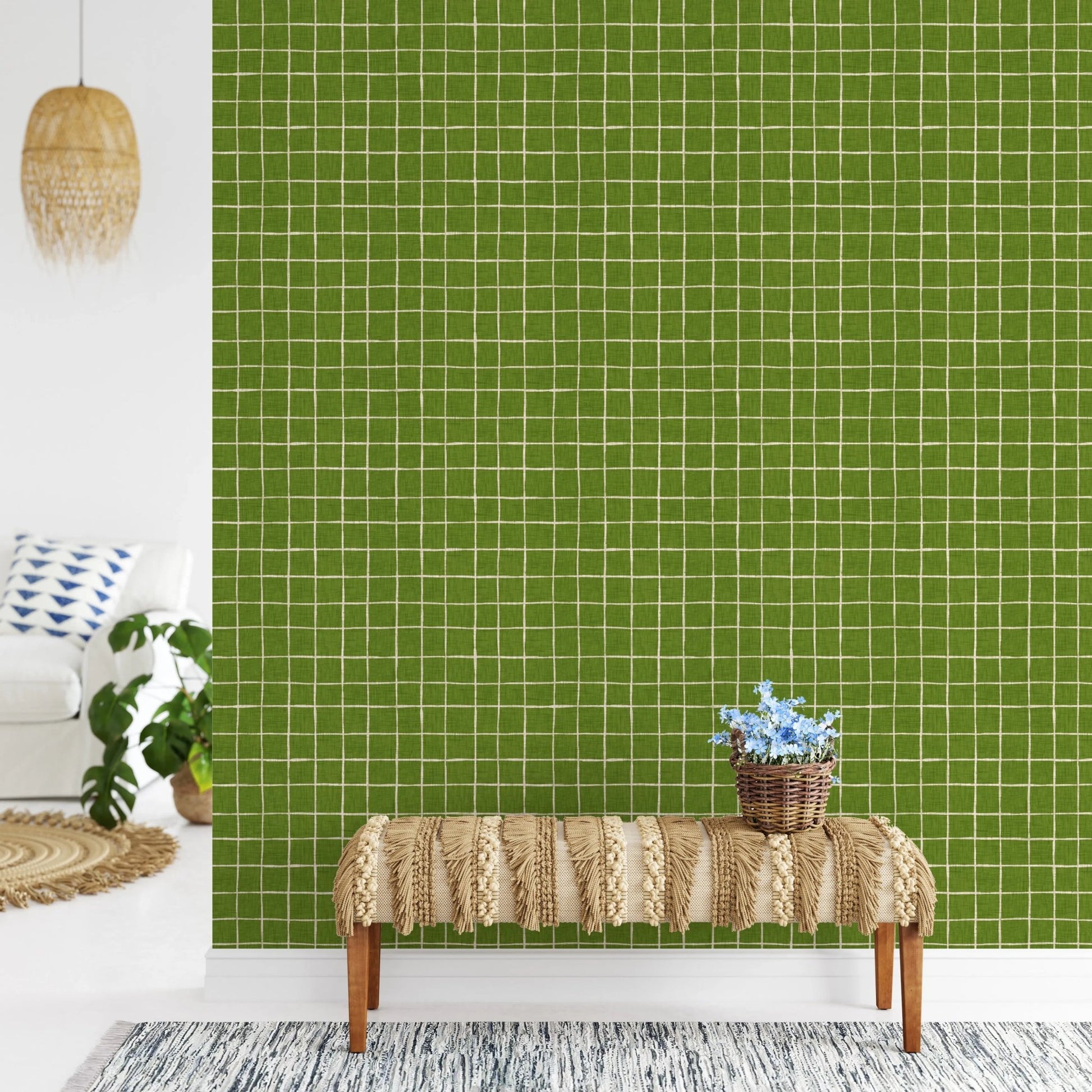Earthy green hand-drawn plaid pattern wallpaper murals.