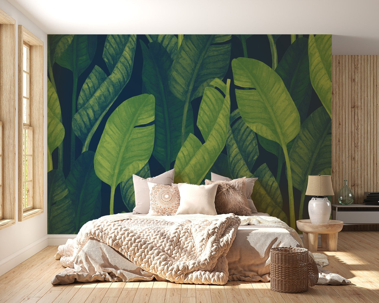 Fresh Green Large Banana Leaves Wall mural in a bright bedroom with wooden floors.
