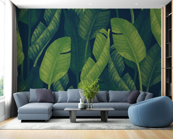 Fresh Green Large Banana Leaves Wall mural behind a blue sofa in a living area.