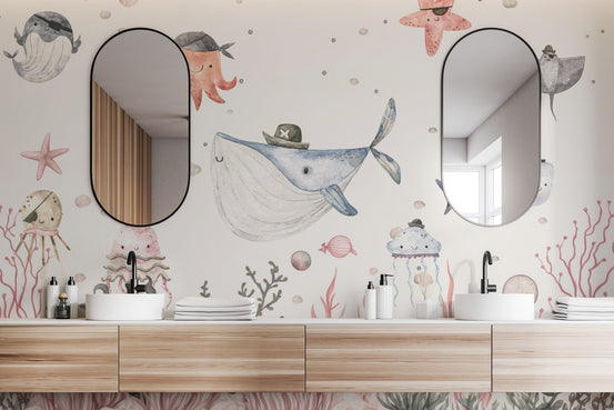 Sea life pirate wall mural with light gray and blush tones.