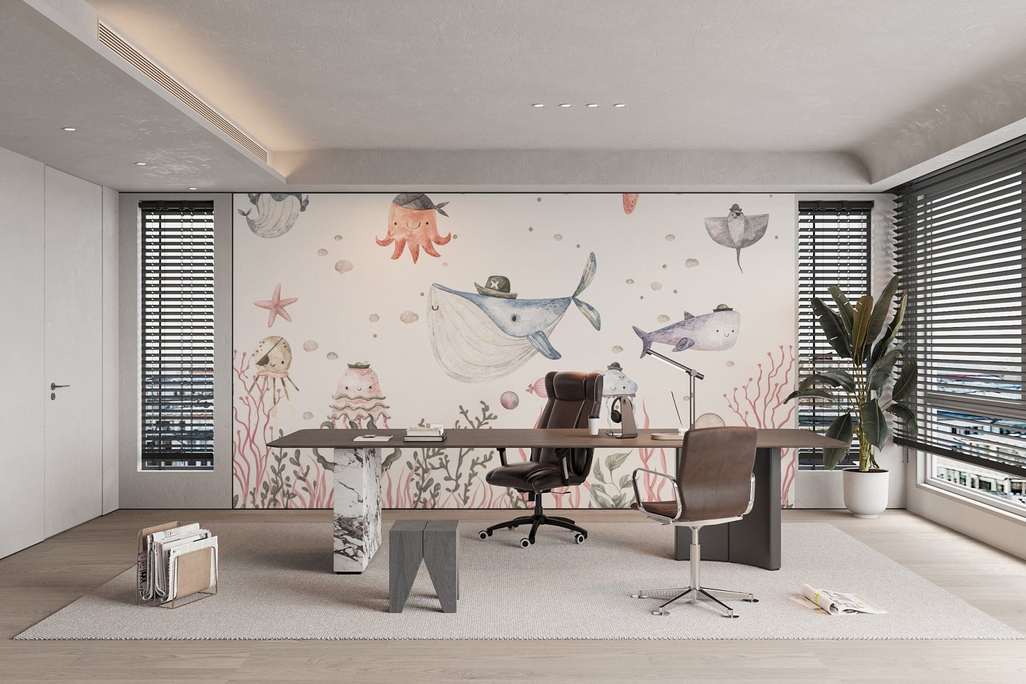 Friendly pirates wallpaper mural with whale, octopus and coral reef.