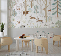 Neutral toned forest wall mural with animal illustrations in a primary classroom.