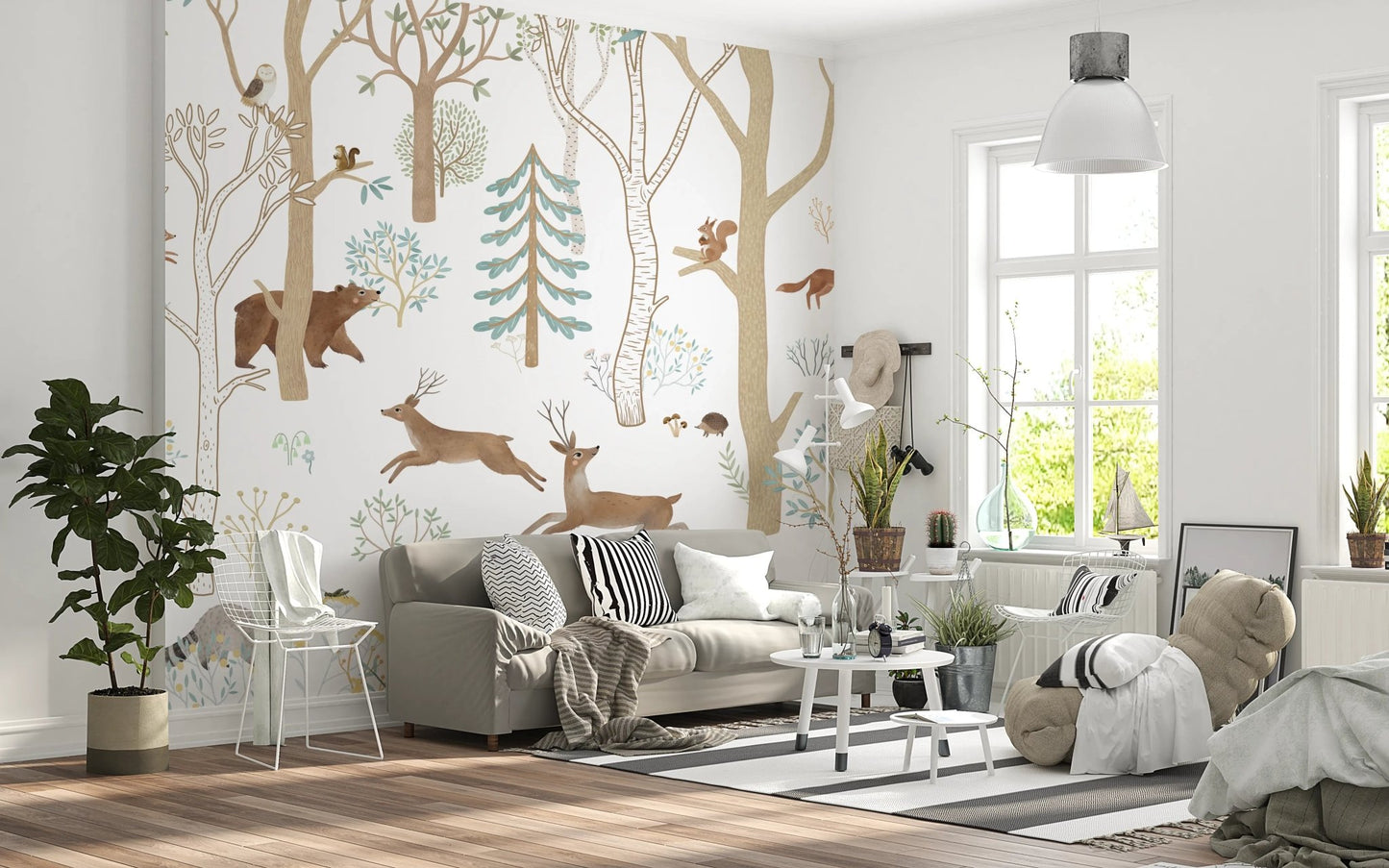 Living room wall mural featuring brown bears and teal pine forest