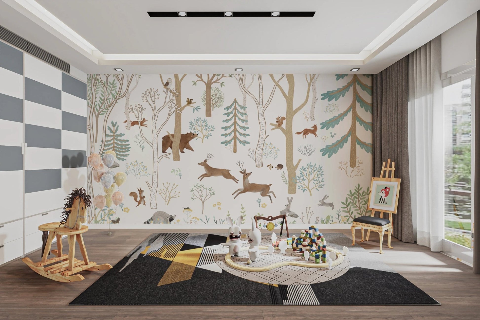 Forest themed wall mural with deer and rabbits in a bright sunlit playroom.