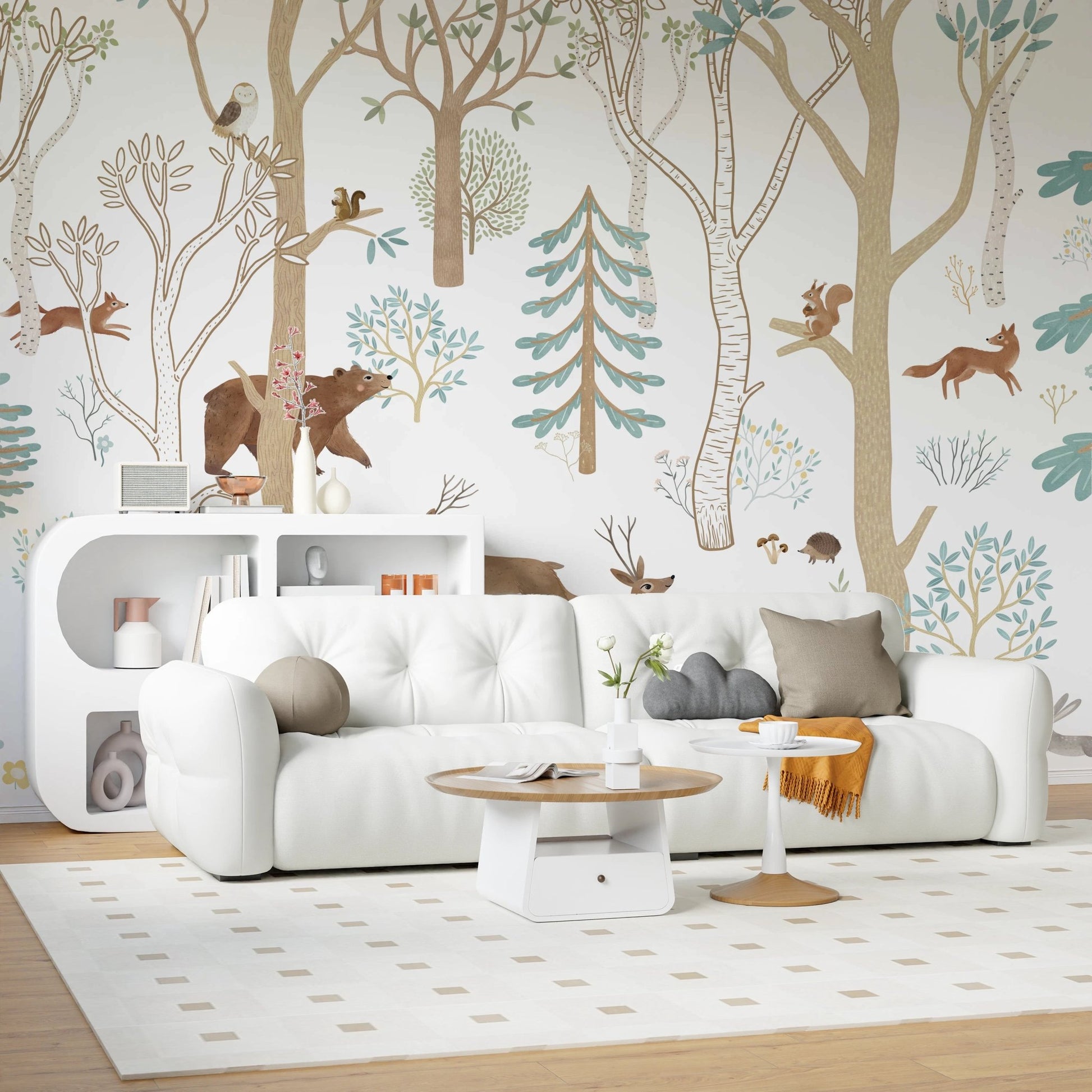 White sofa set against a Frisky Forest Blue Wall Mural in a living area.