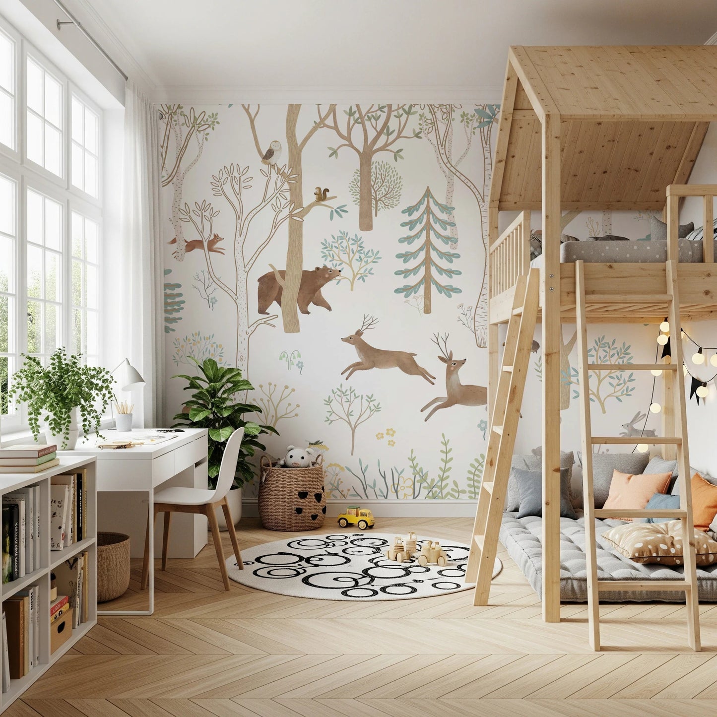 Bunk bed placed against a woodland forest wall mural in a shared bedroom.