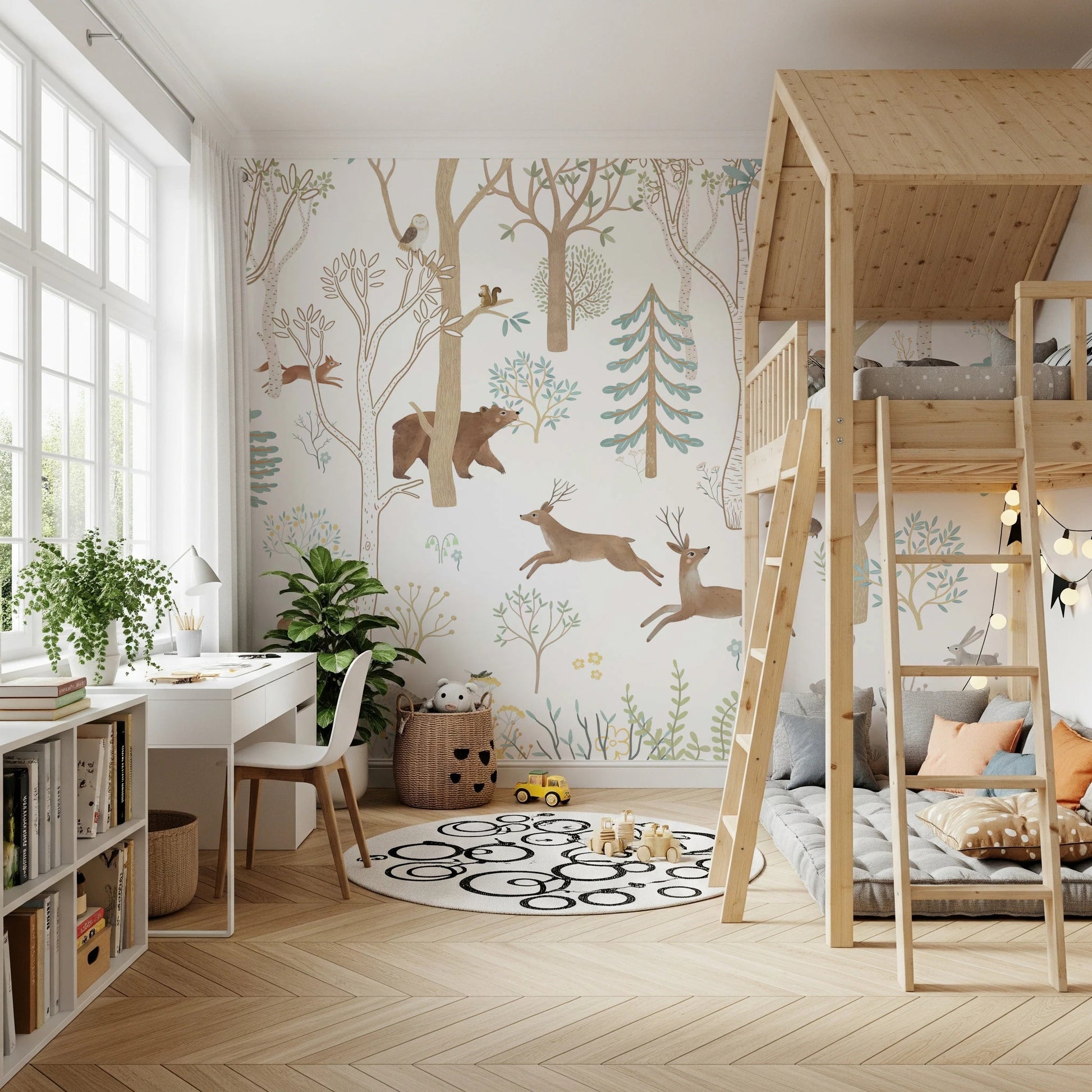 Bunk bed placed against a woodland forest wall mural in a shared bedroom.
