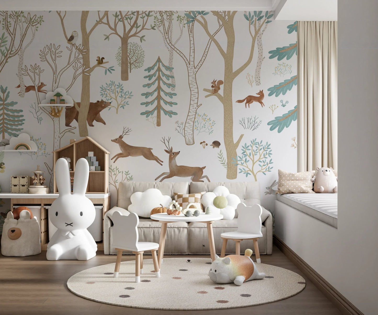 Frisky Forest Blue Wall Mural in a minimalist nursery with white furniture.